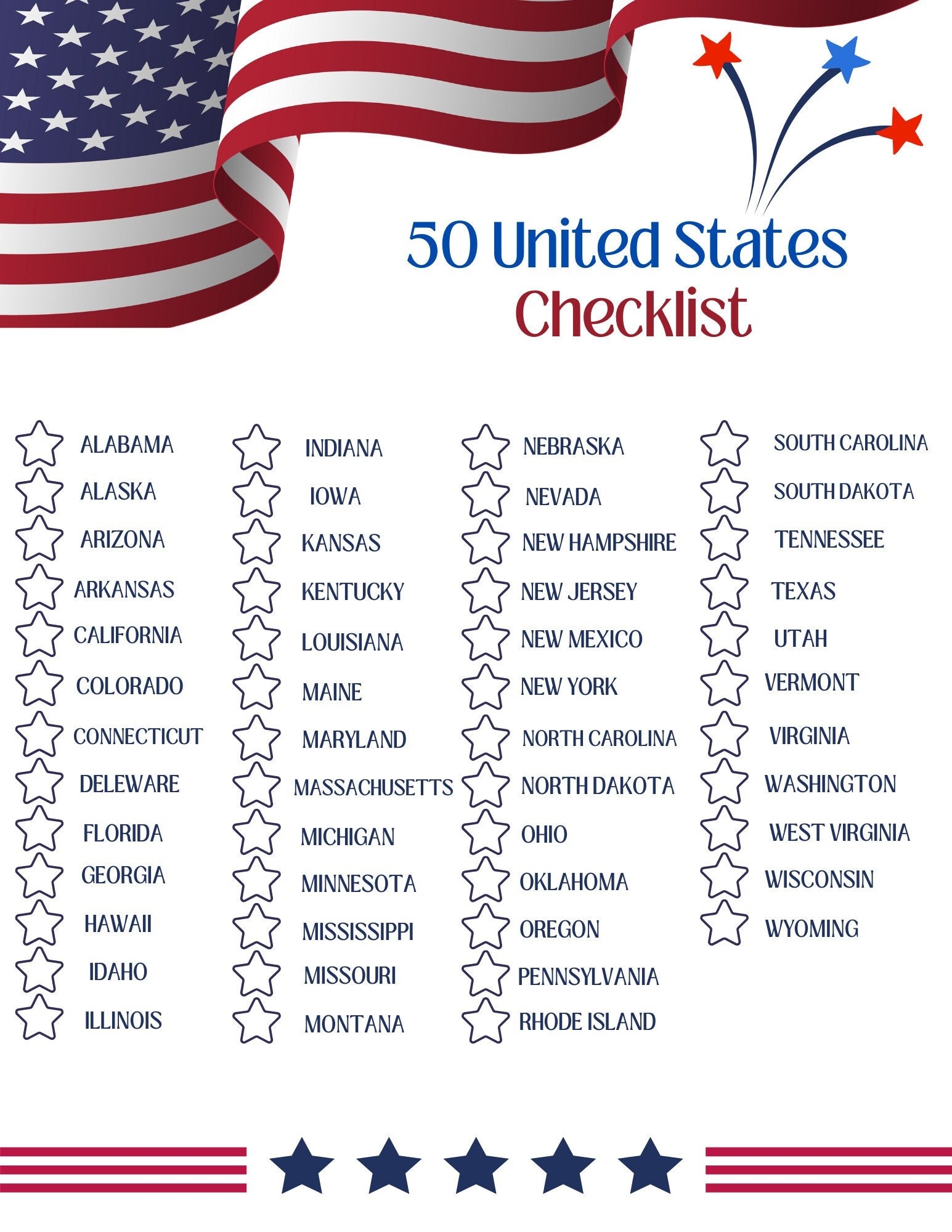 50 States Travel Checklist Printable USA Road Trip Tracker Family Travel Log Patriotic State Checklist Digital Download Map Companion Etsy