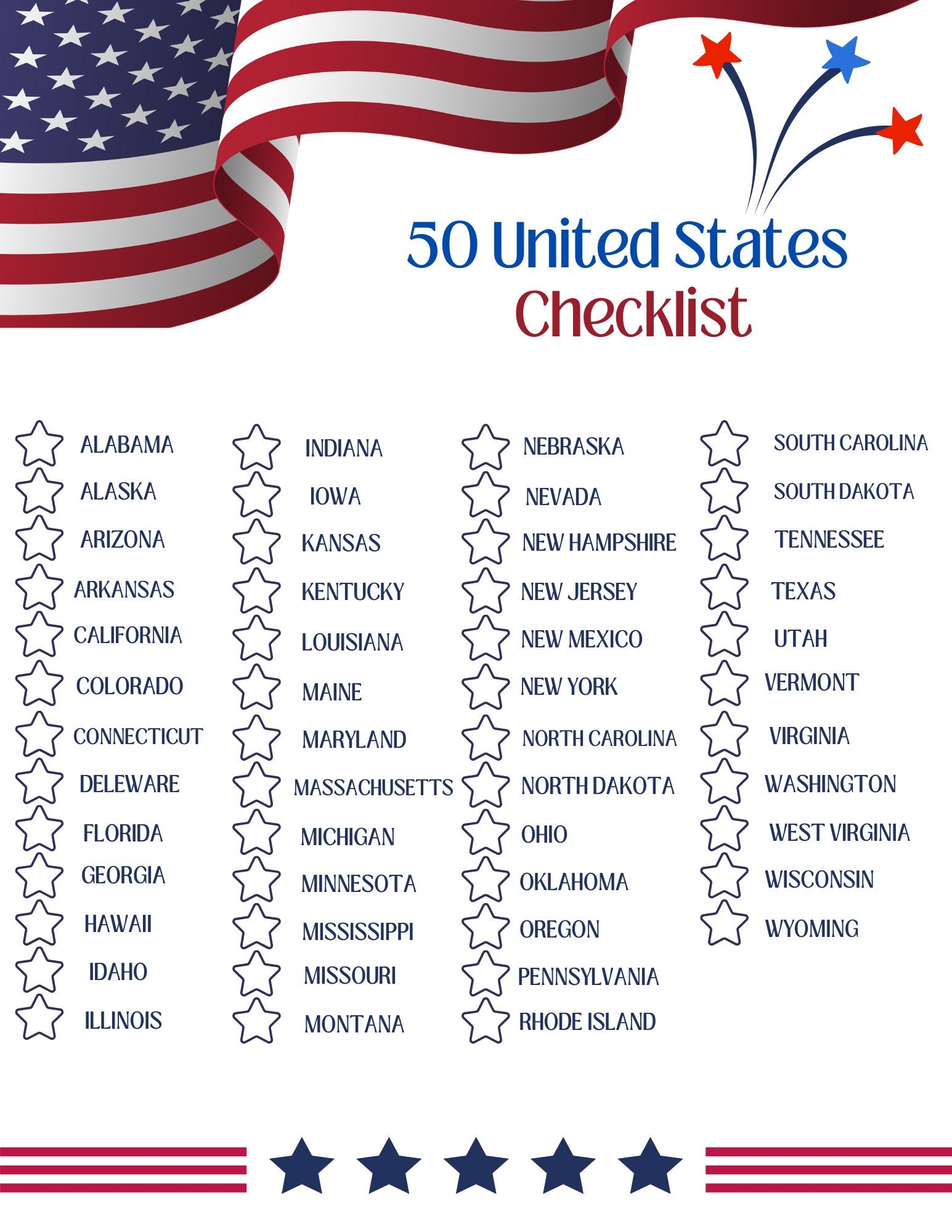 50 States Travel Checklist Printable USA Road Trip Tracker Family Travel Log Patriotic State Checklist Digital Download Map Companion Etsy