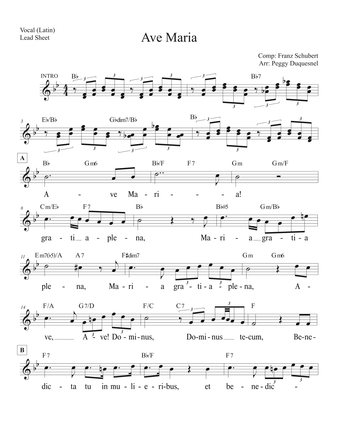 Ave Maria Bb Vocal arr Peggy Duquesnel By Franz Schubert Sheet Music For Piano Chords Lyrics At Sheet Music Direct