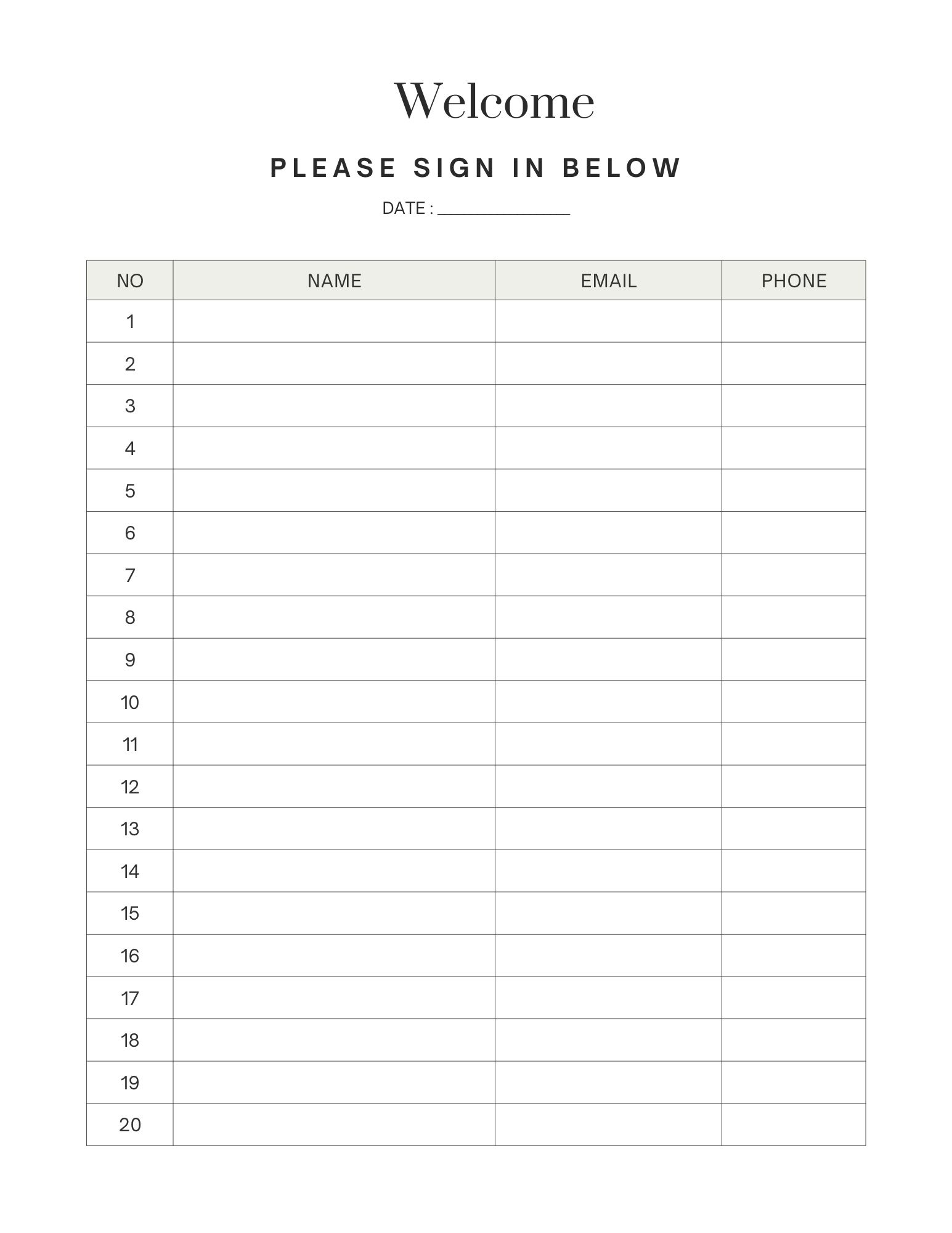Sign In Sheet Free Printable