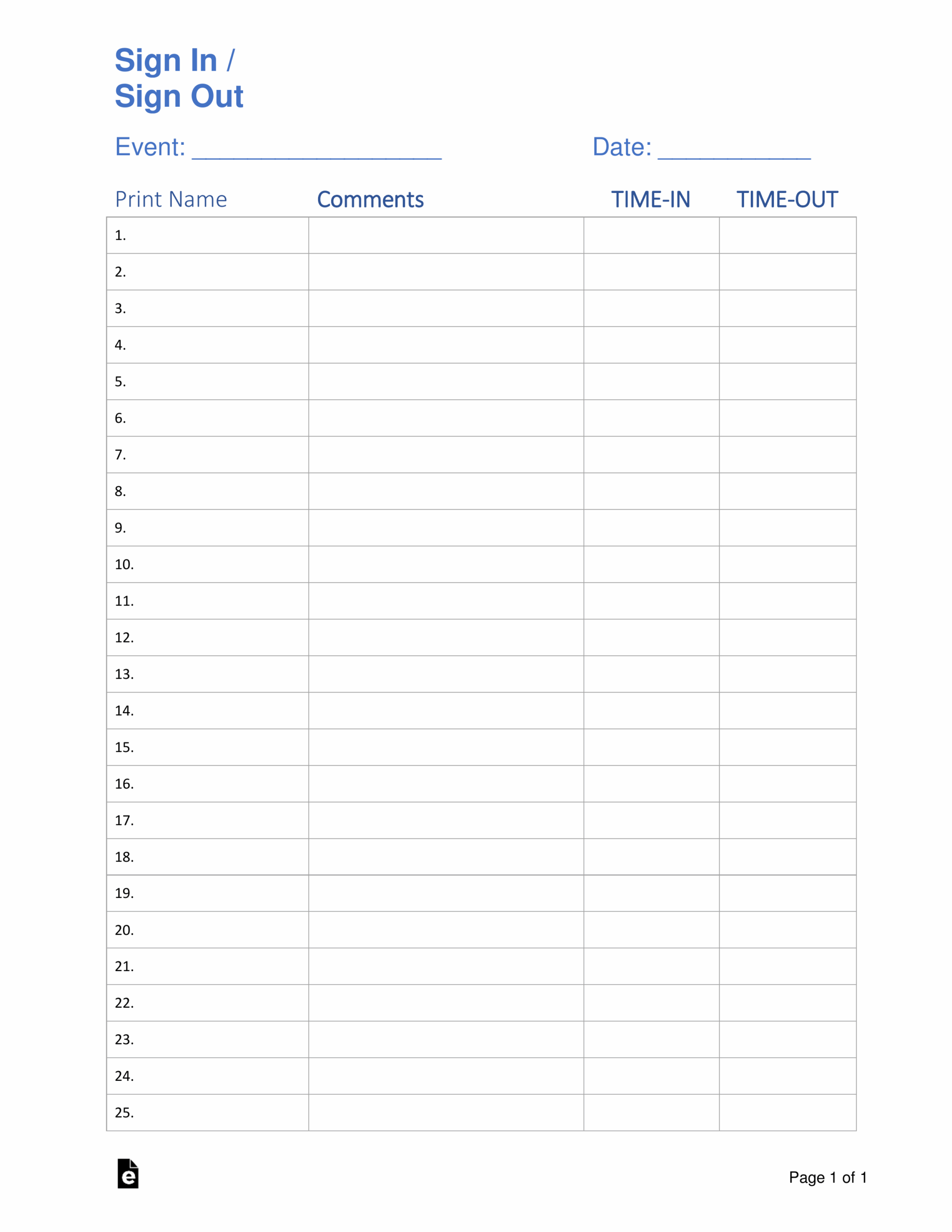 Sign In Sheet For Event
