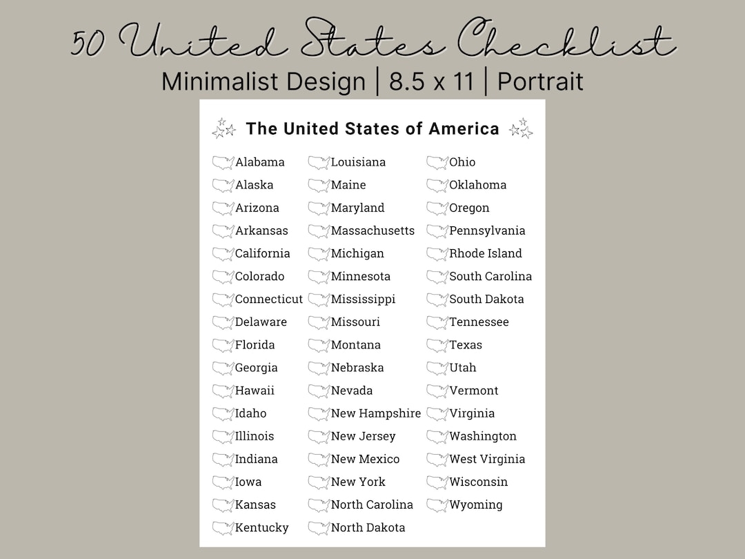 Printable 50 States Checklist Bucket List 50 States Challenge 50 United States Travel Checklist US States Checklist Etsy