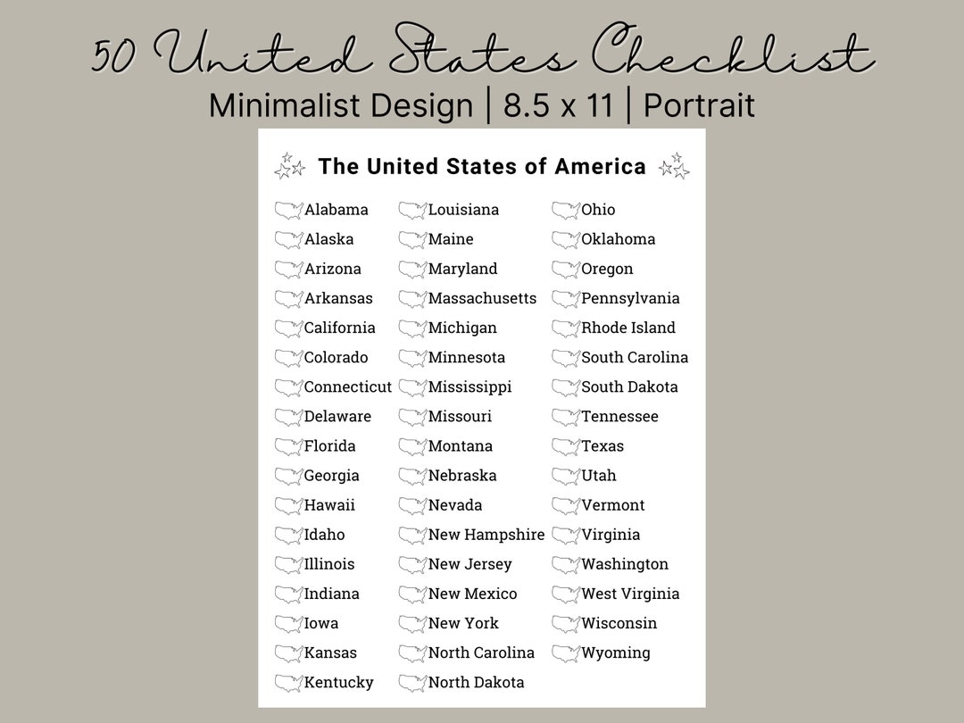 Printable 50 States Checklist Bucket List 50 States Challenge 50 United States Travel Checklist US States Checklist Etsy