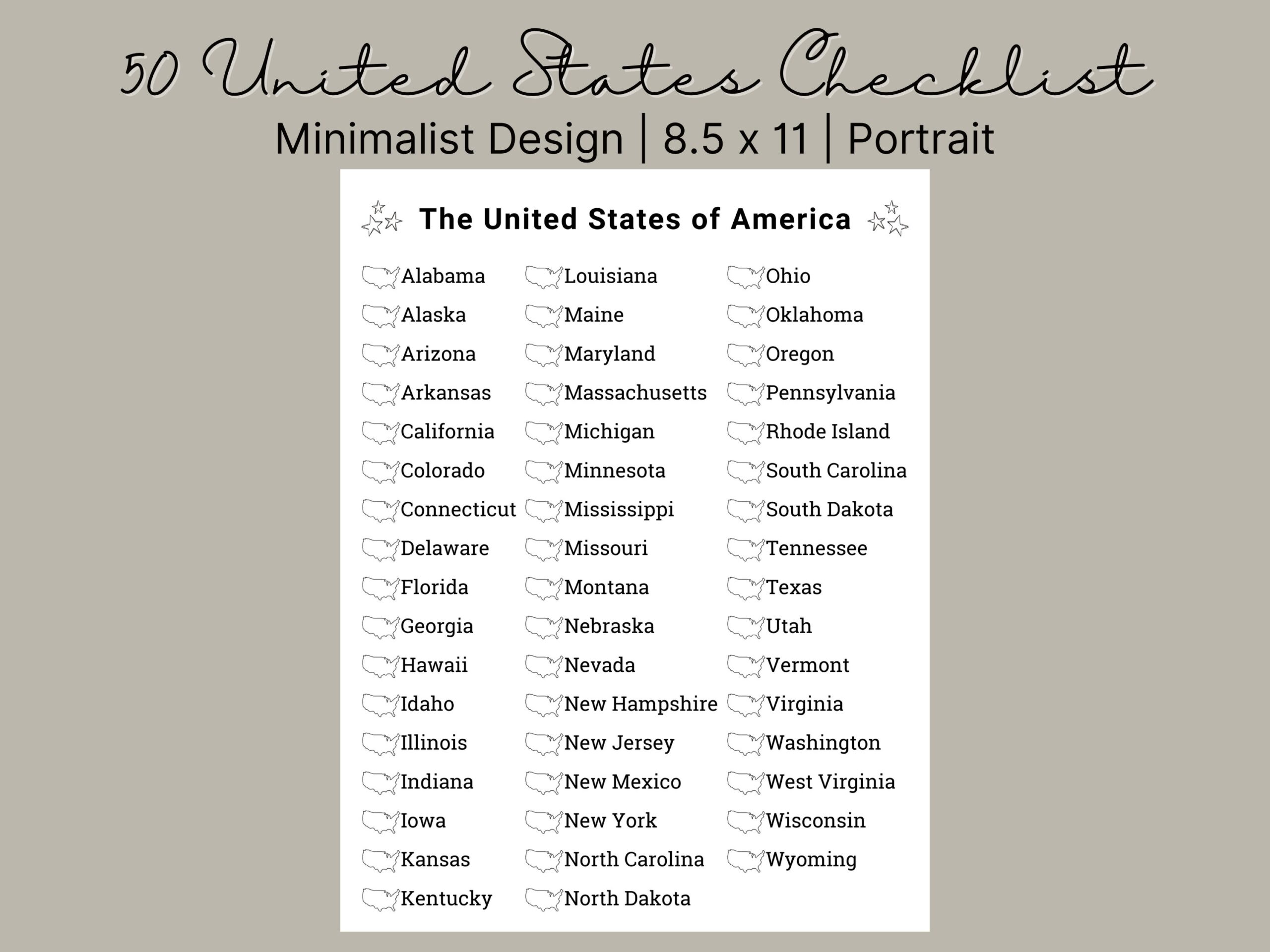 Printable 50 States Checklist Bucket List 50 States Challenge 50 United States Travel Checklist US States Checklist Etsy