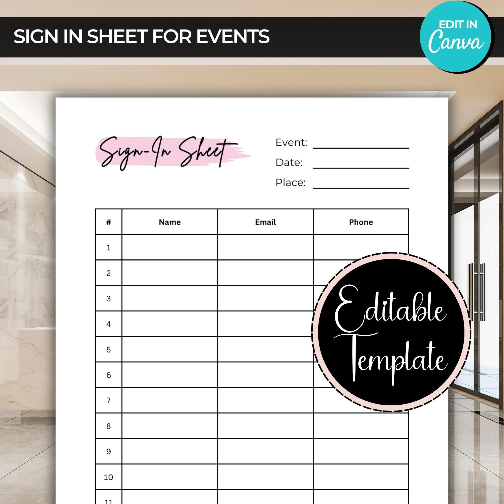 Printable Sign In Sheet For Events Sign In Template Editable Attendance Form Event Sign In Sheets Attendance Sheet Canva Templates Etsy