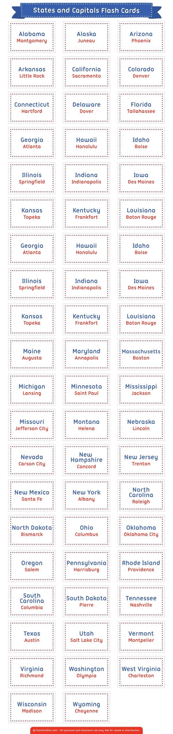 States And Capitals Flashcards Printable