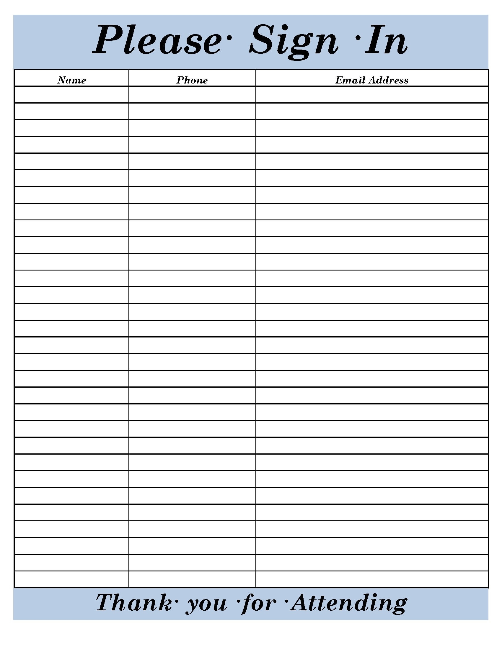 Sign In Sheet Printable Free
