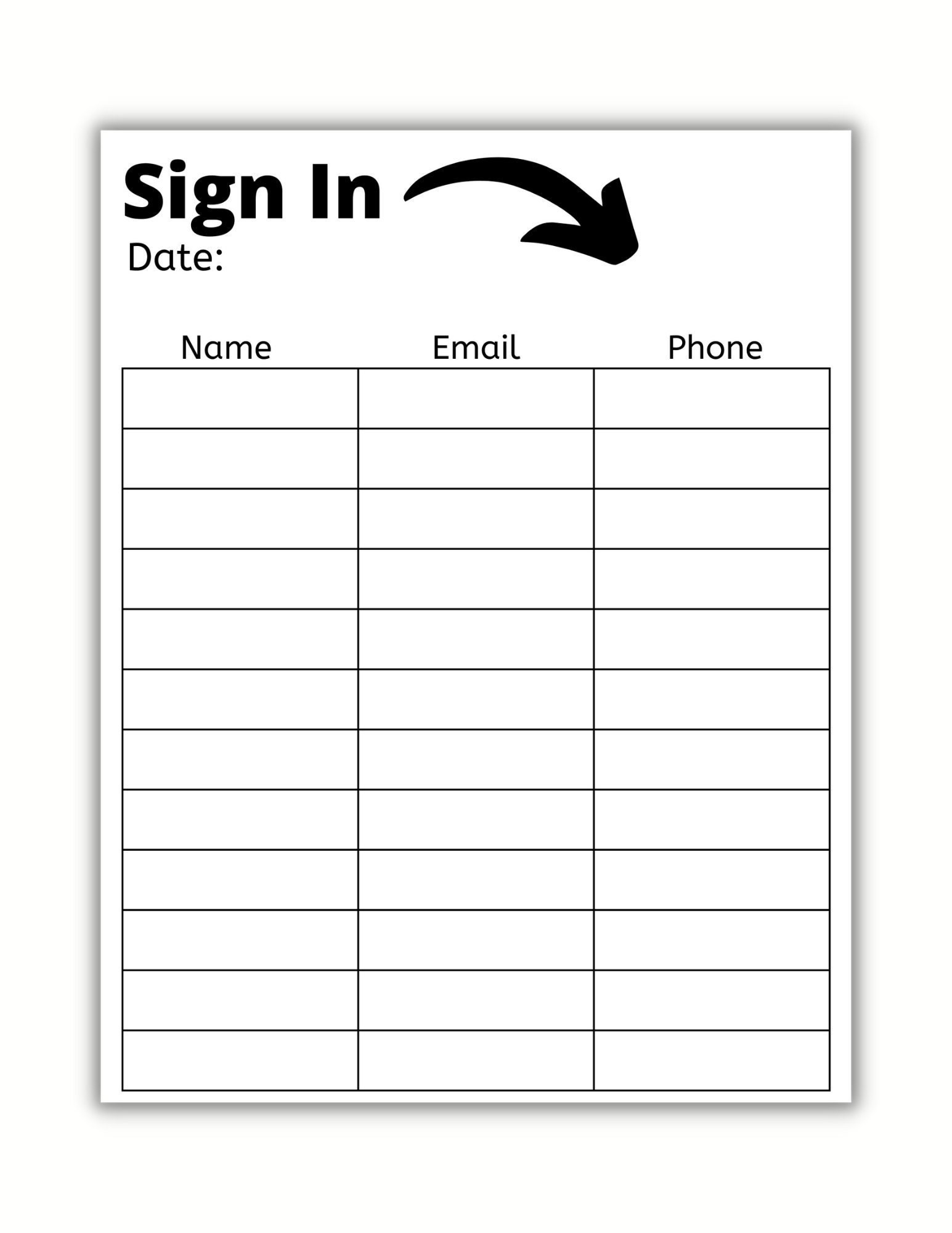 Sign In Sheet With Name Email Phone Black white Digital Download Etsy