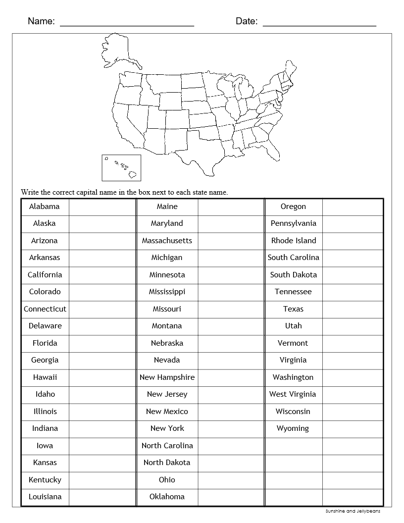 Us States And Capitals Printable