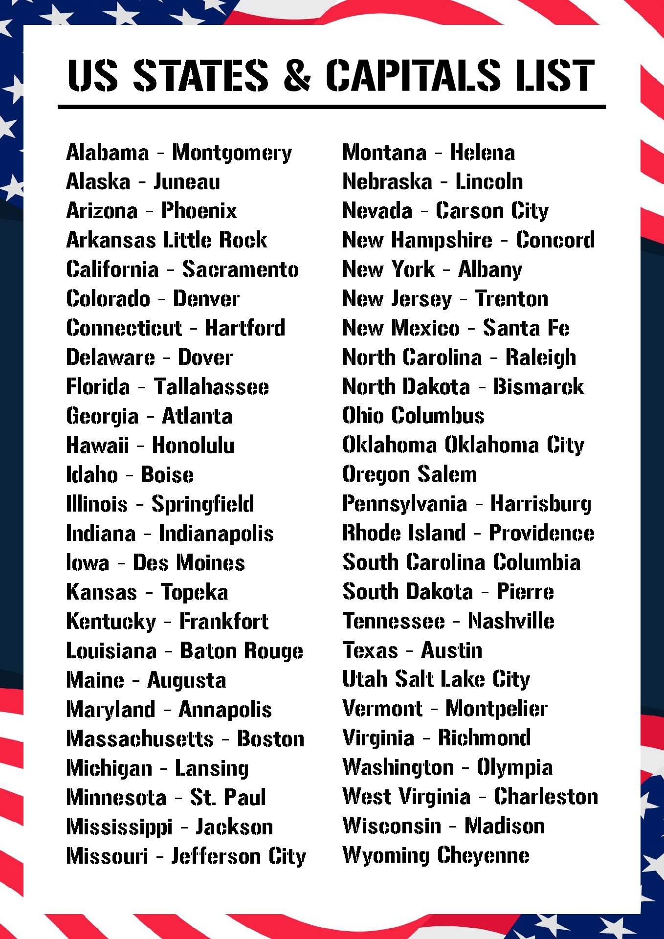 US State Capitals List 11 Free PDF Printables Printablee