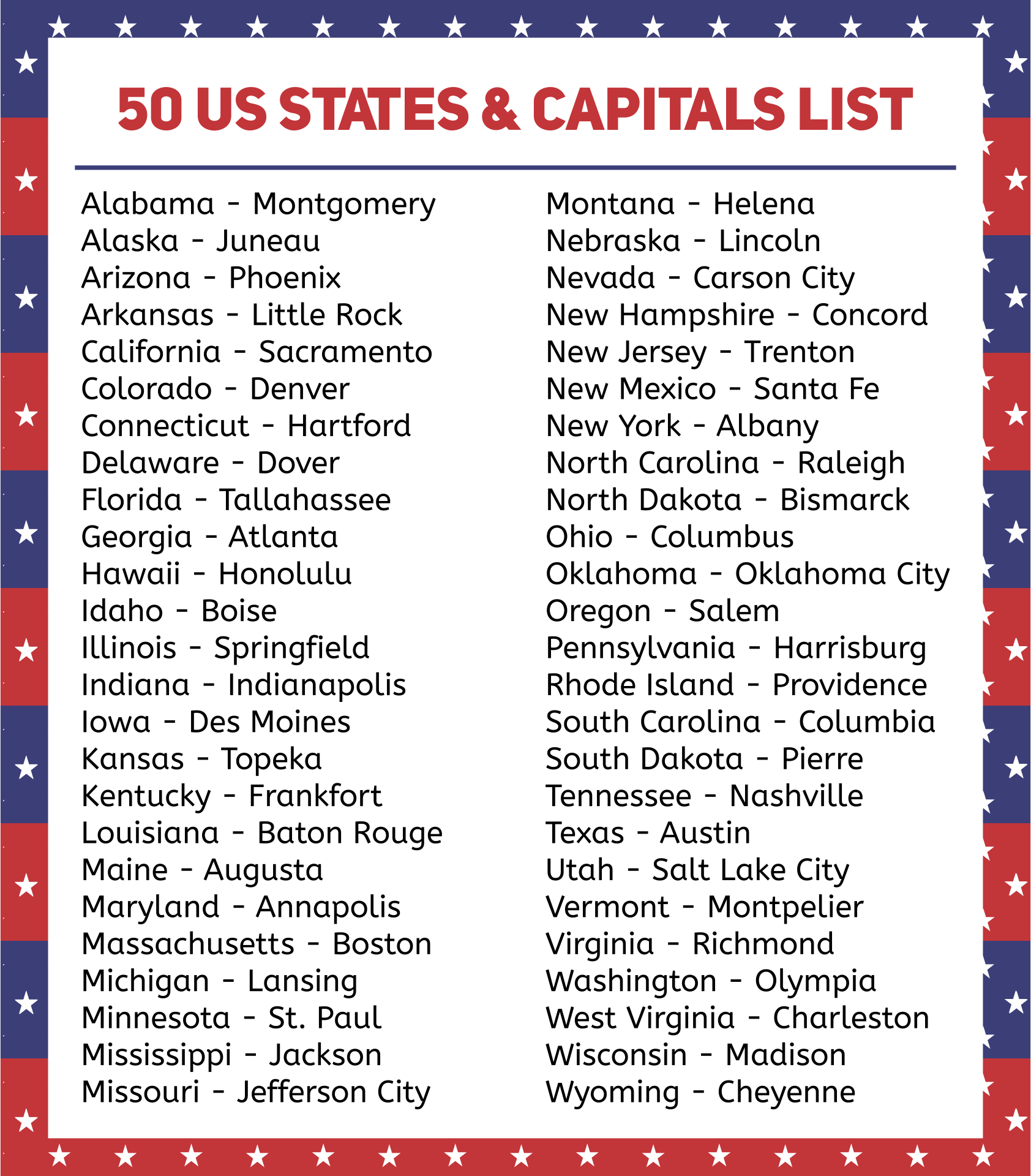 US State Capitals List 11 Free PDF Printables Printablee