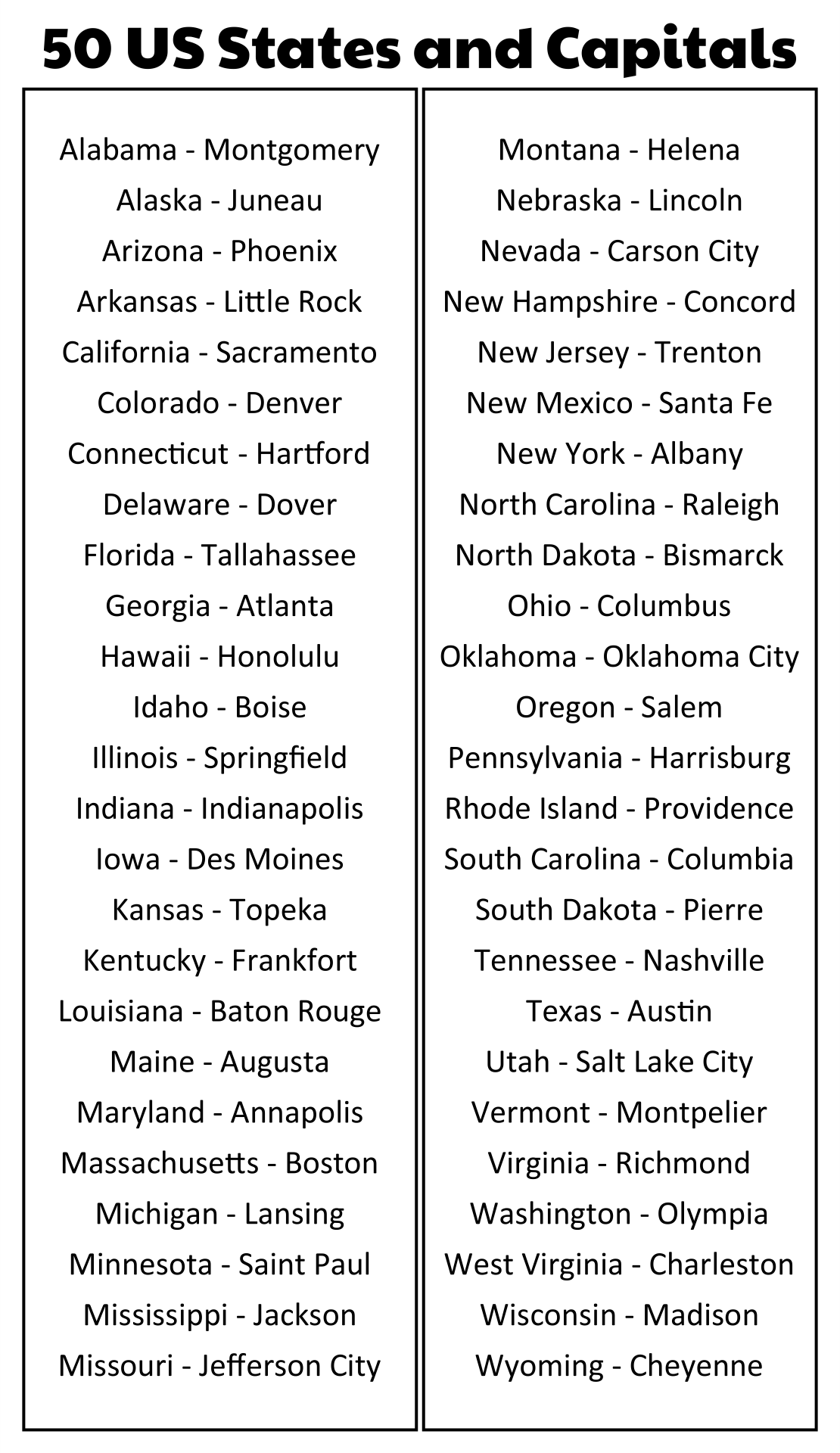 Printable States And Capitals List