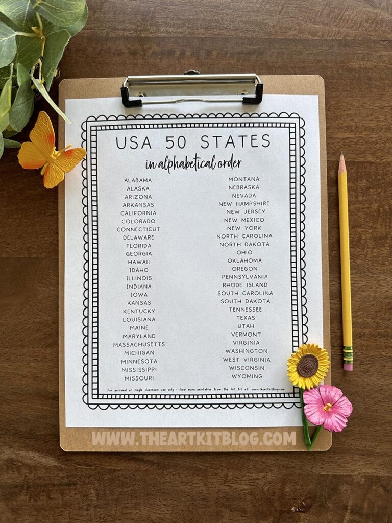 USA 50 States Alphabetical Order FREE Printable The Art Kit