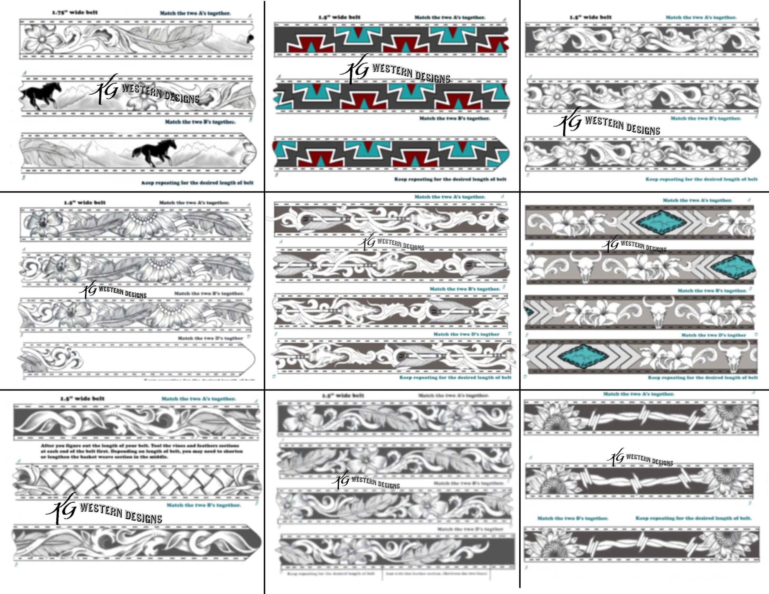 15 Pack Belt Patterns PDF Western Tooling Sunflowers Feathers Scrolls Cowskulls Flowers Barbwire Pattern Designs Download Etsy