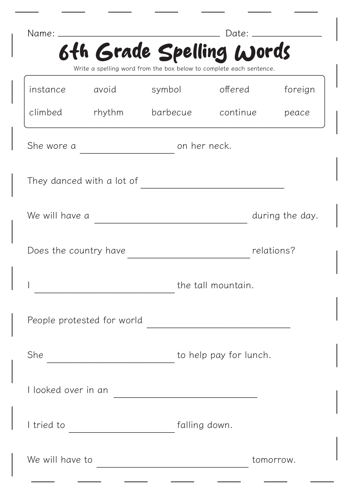 Free Printable Spelling Lists Grade 6