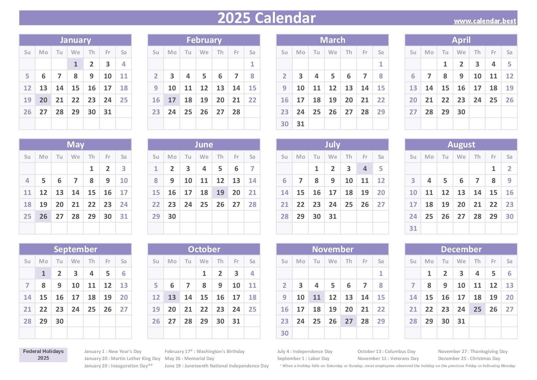 Printable Federal Calendar 2025