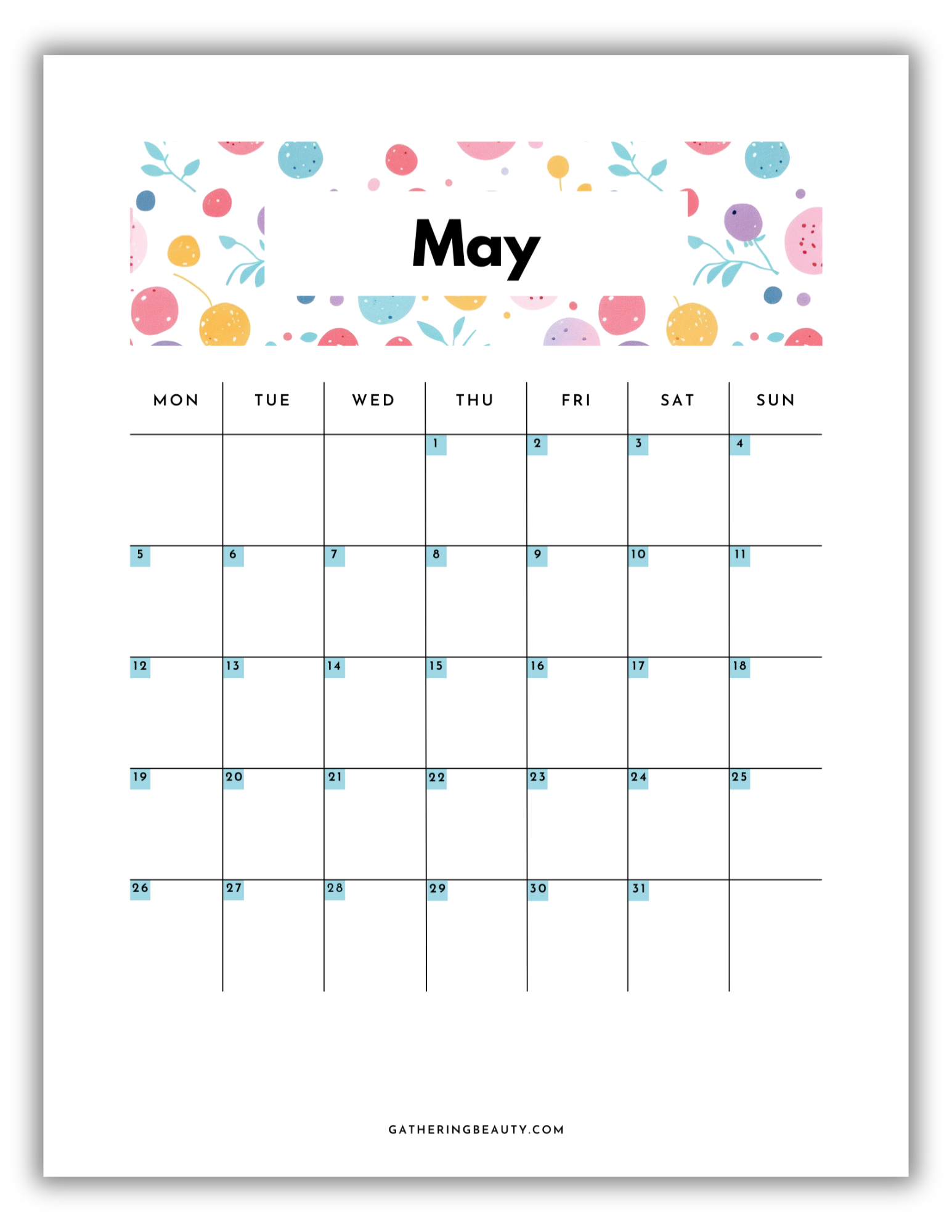 8x10 Printable Monthly Calendar 2025