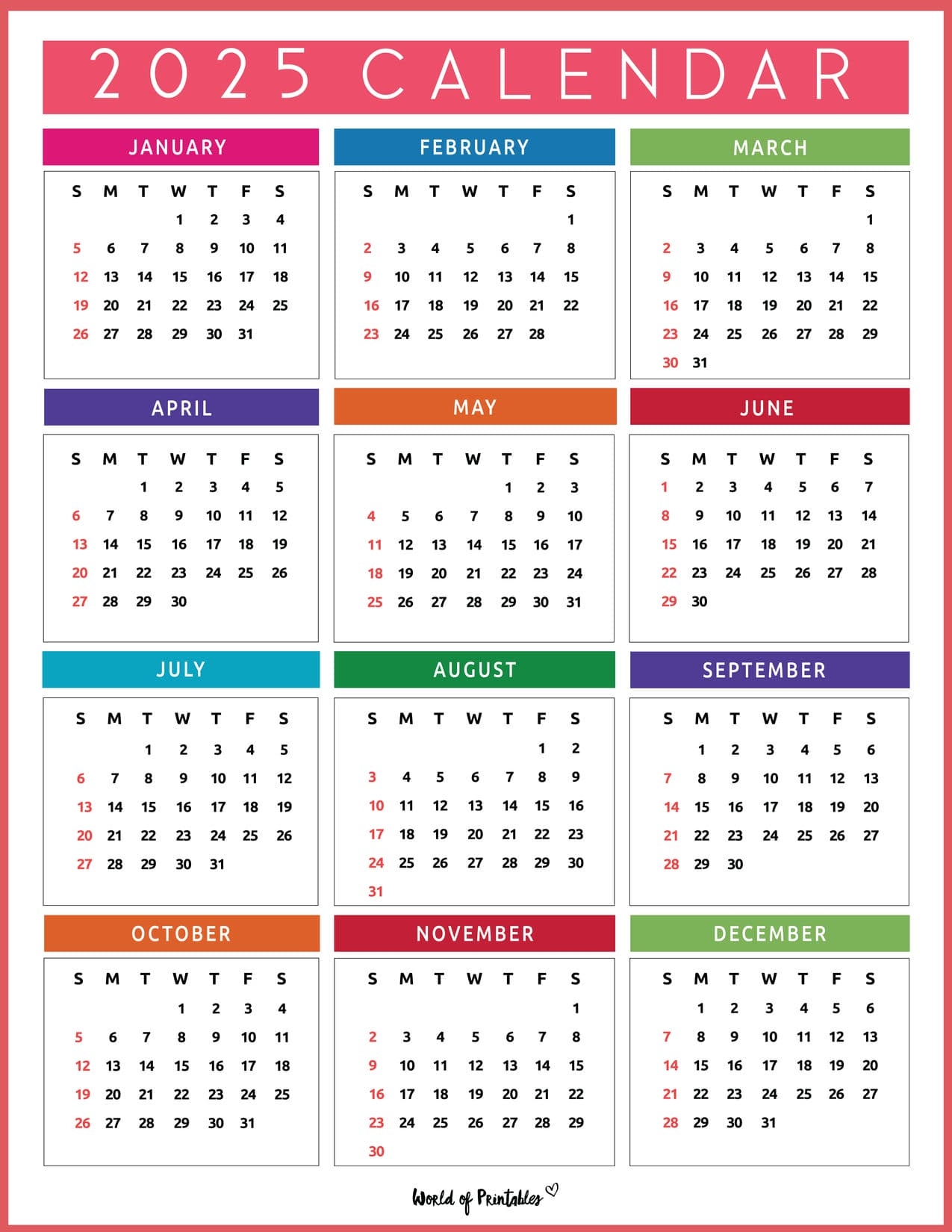 2025 Calendar On One Page Printable