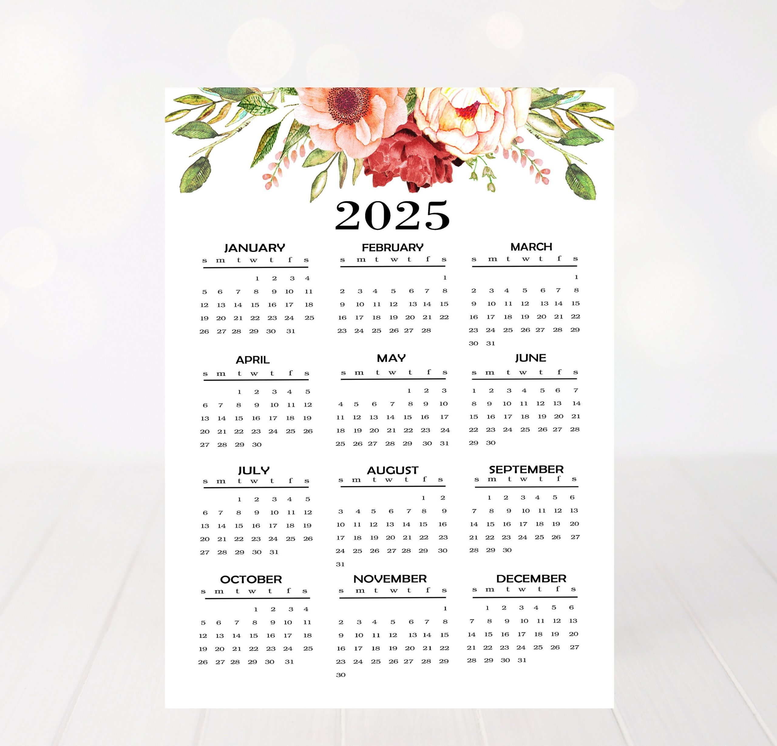 2025 Yearly Calendar 2025 Calendar Floral Calendar 2025 Calendar Full Page Printable Calendar Printable Calendar Yearly Calendar Etsy