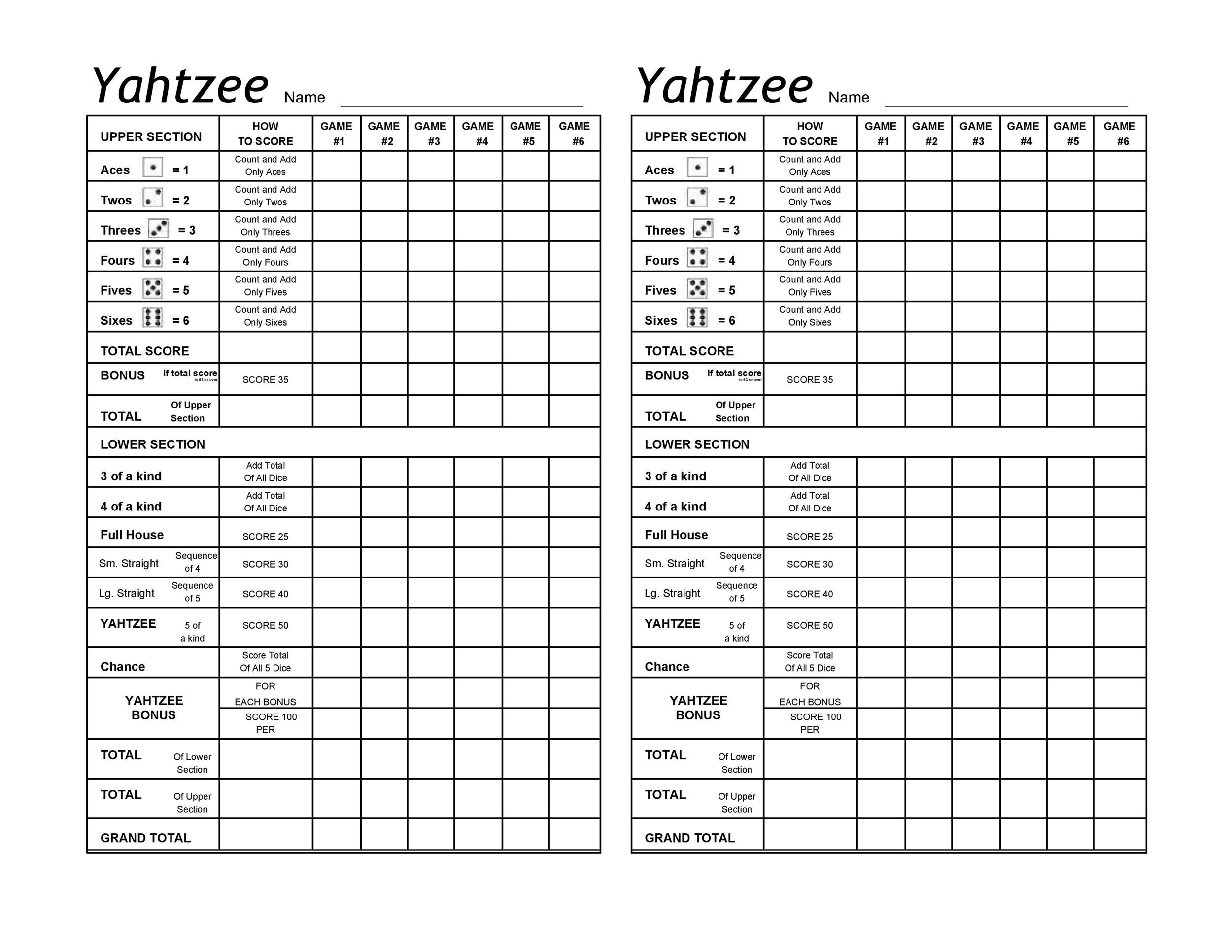 Yardzee Score Card Printable Free