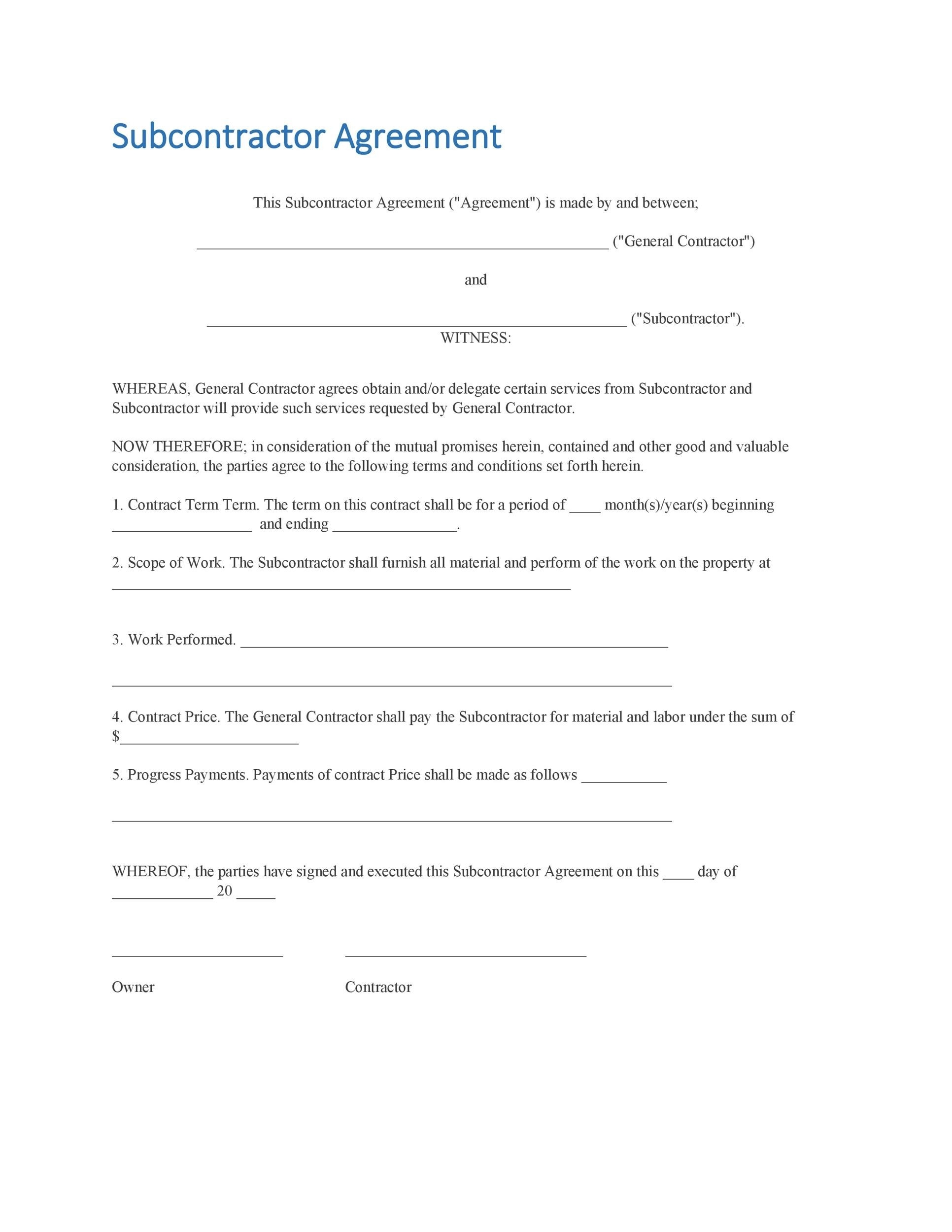 Free Printable Subcontractor Agreement