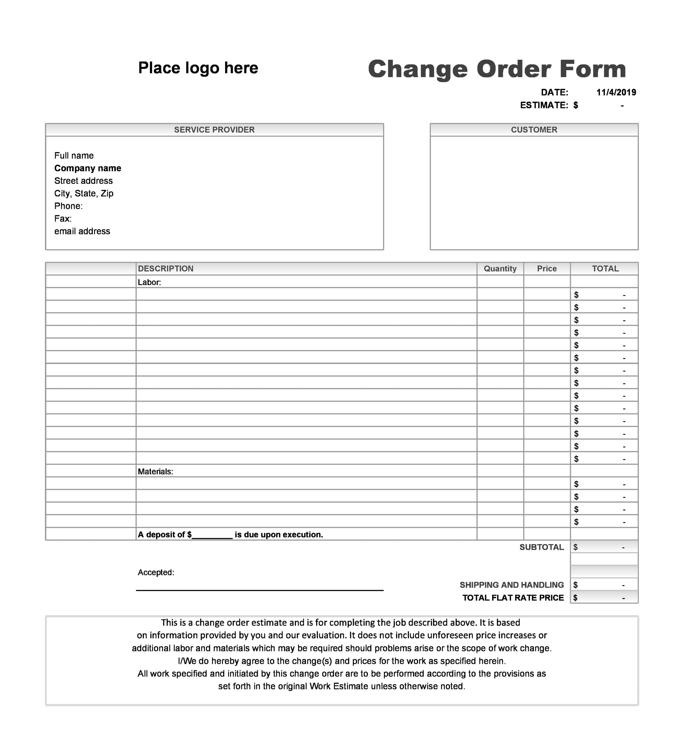 Free Printable Construction Change Order Forms