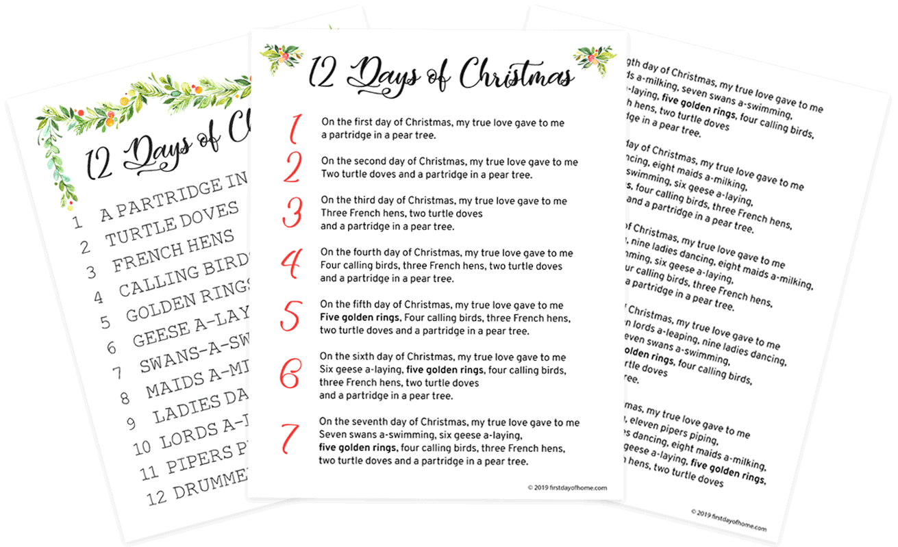 Beautiful 12 Days Of Christmas Lyrics Printable Free Download 