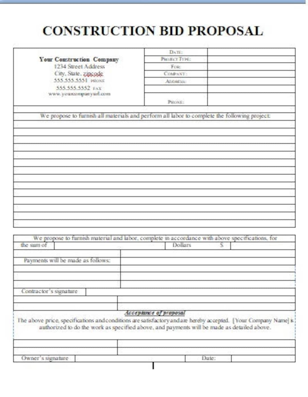 Free Printable Contractor Bid Forms