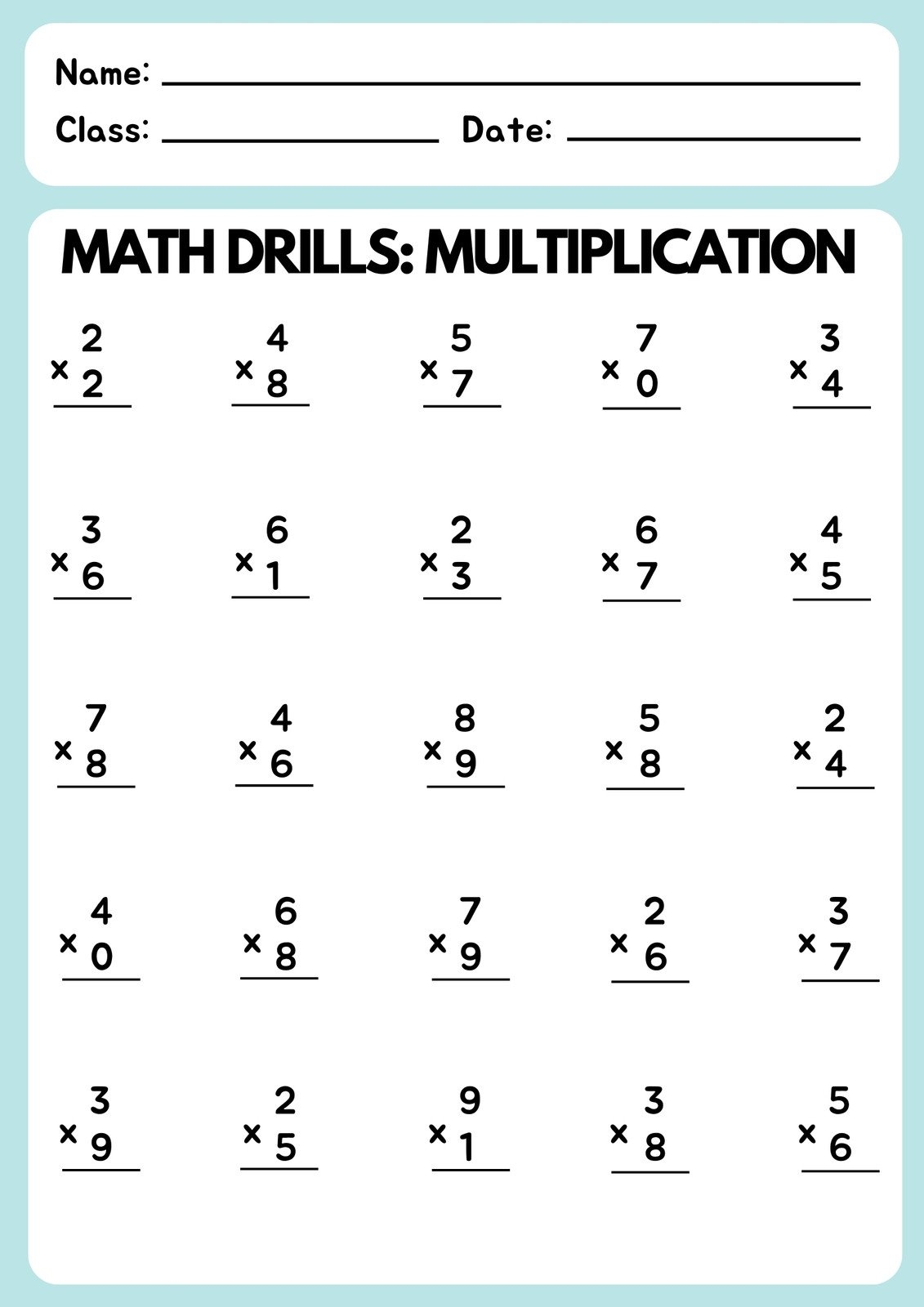 Free Printable Multiplication Worksheets