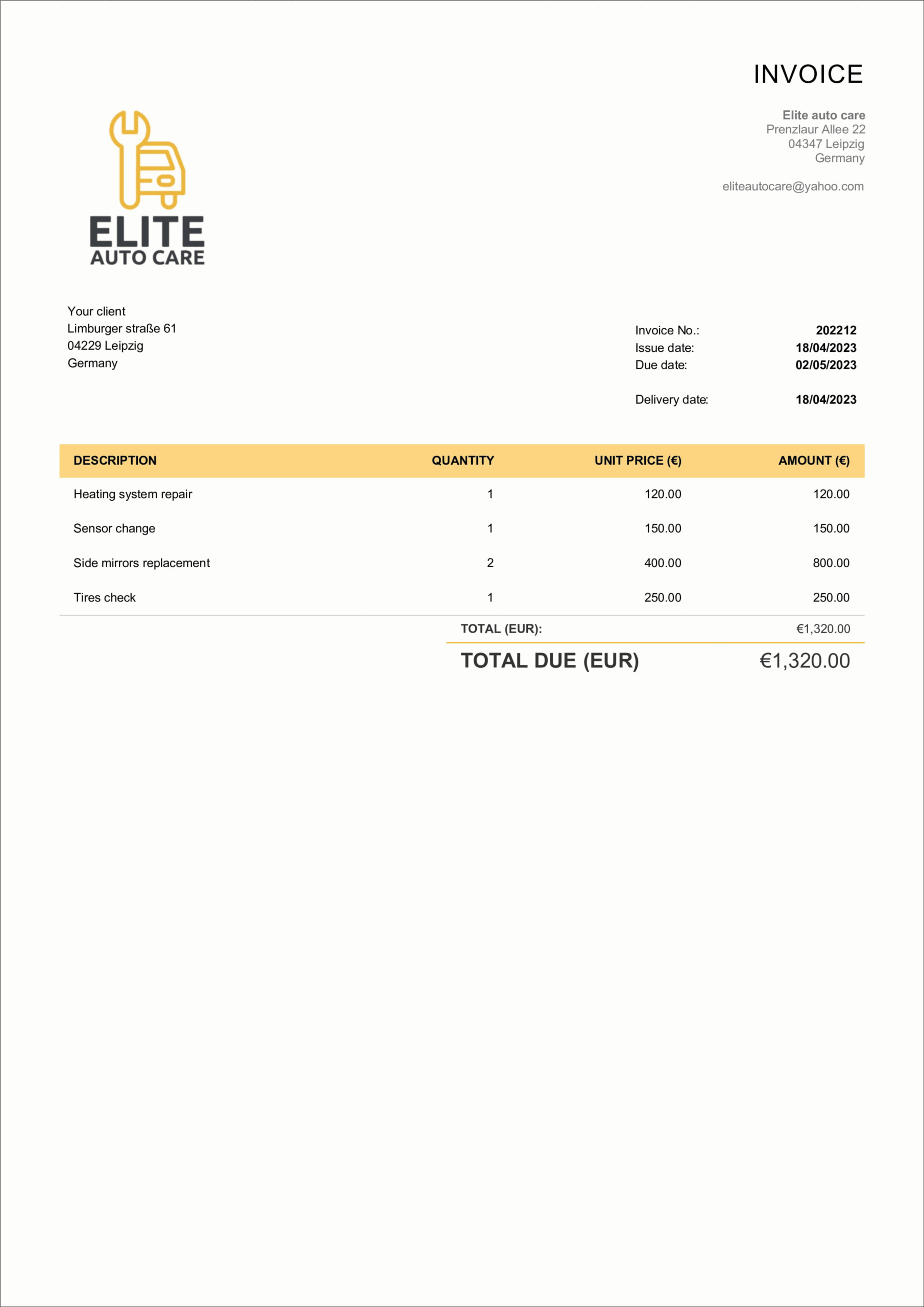Free Printable Auto Repair Invoice Template