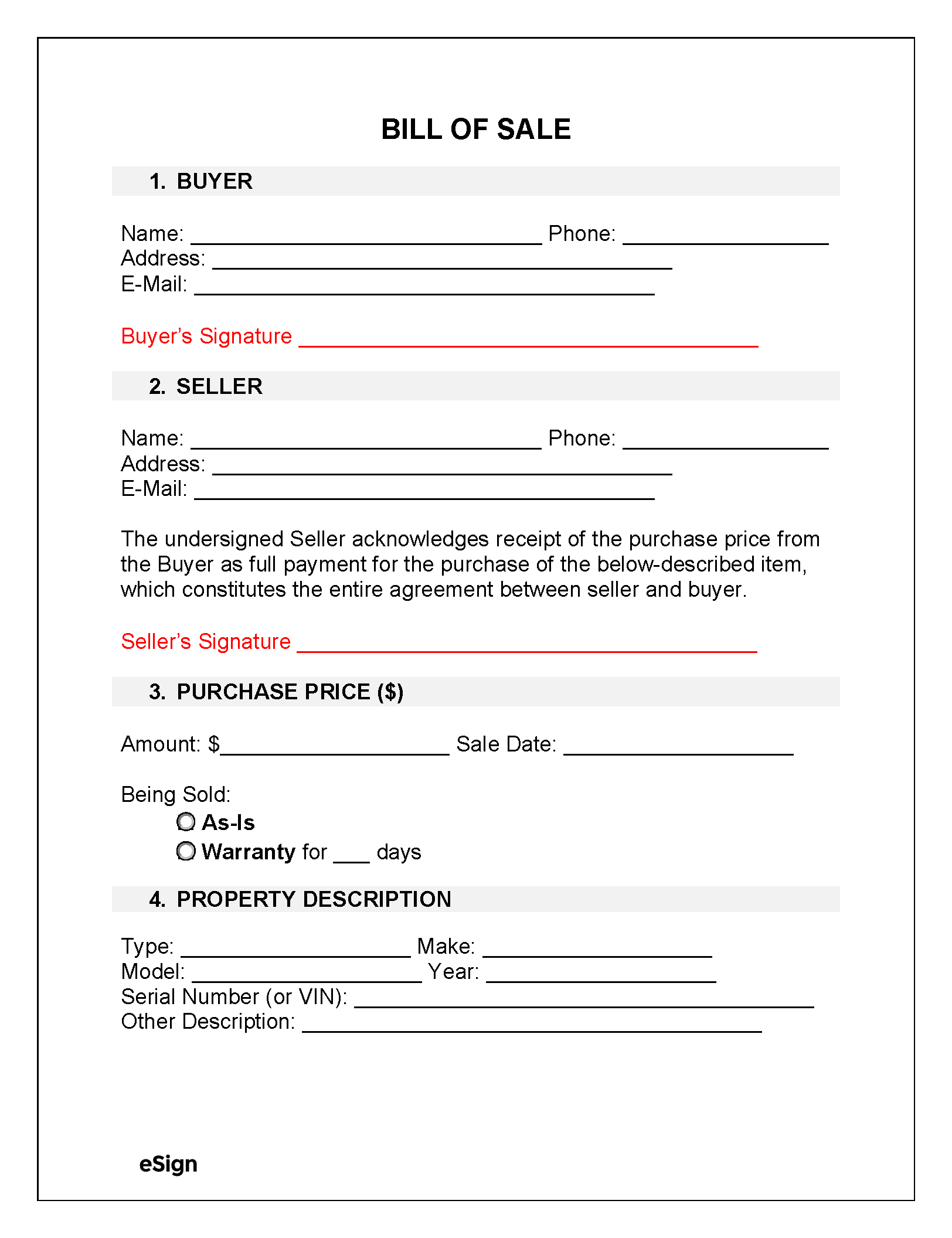 Free Printable Bill Of Sale Form