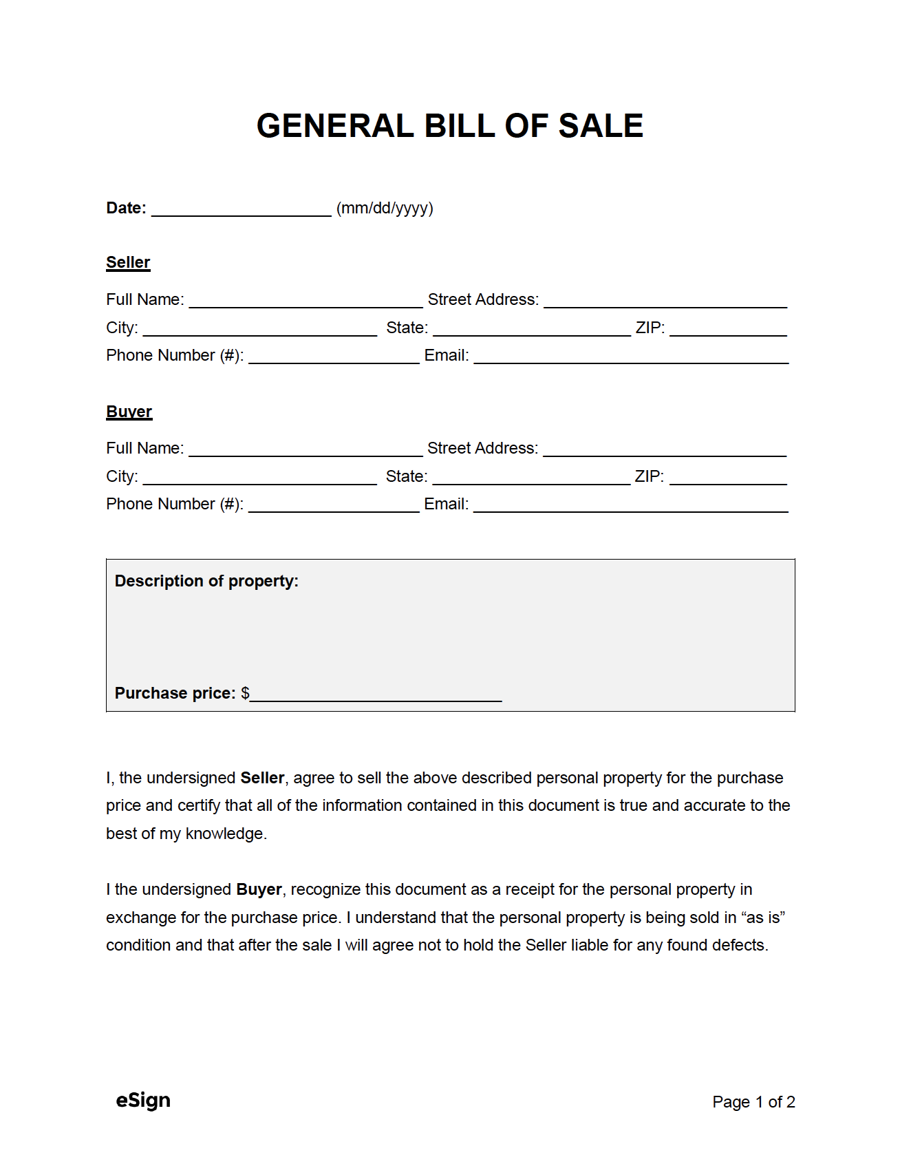 Free Printable Bill Of Sale