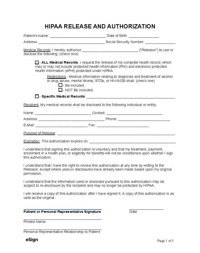 Free Printable Hipaa Forms