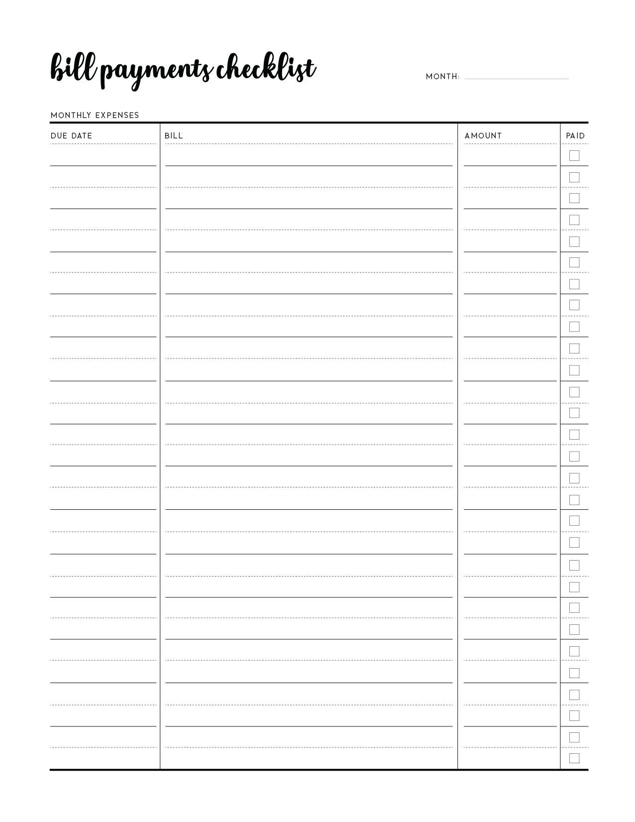 Free Printable Bill Checklist