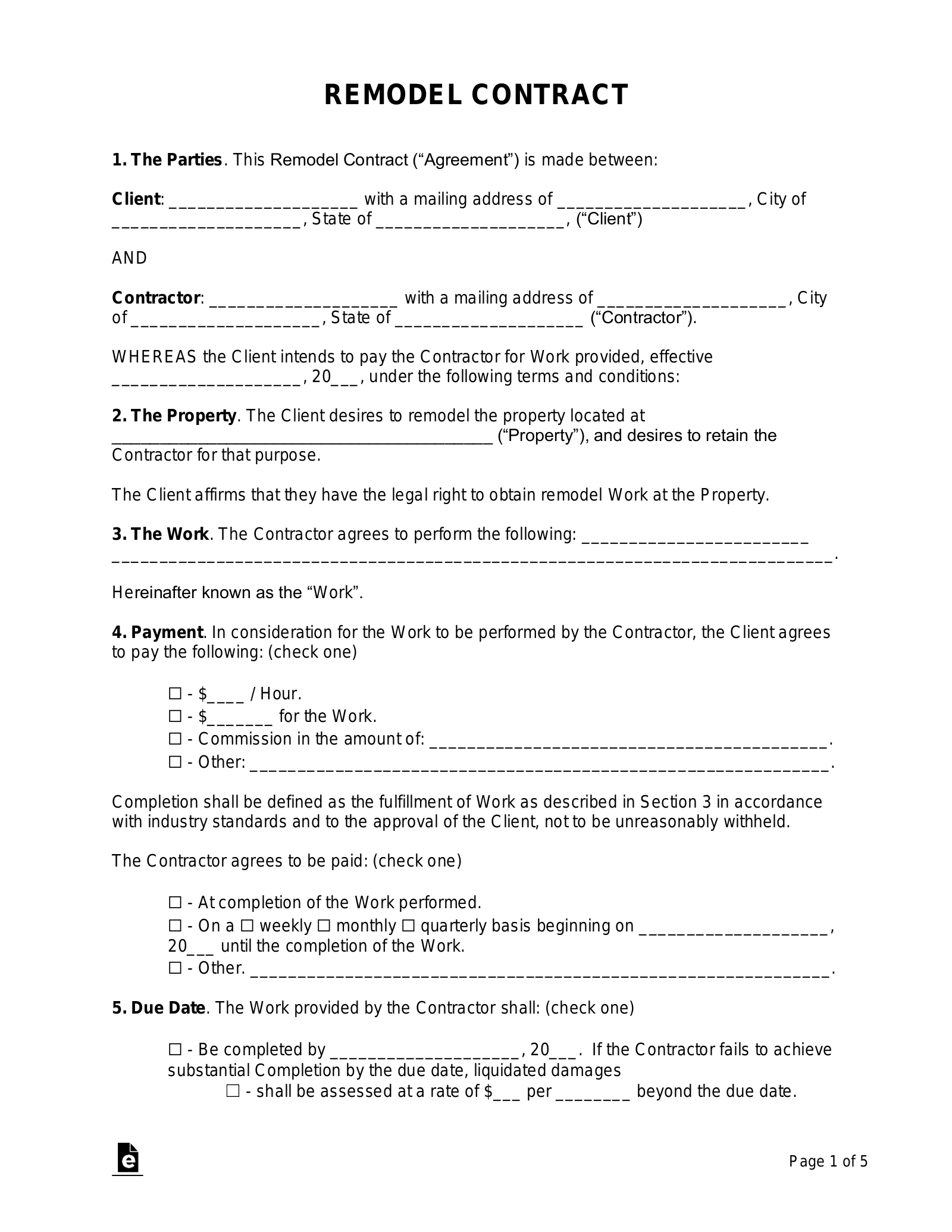 Free Printable Home Improvement Contracts