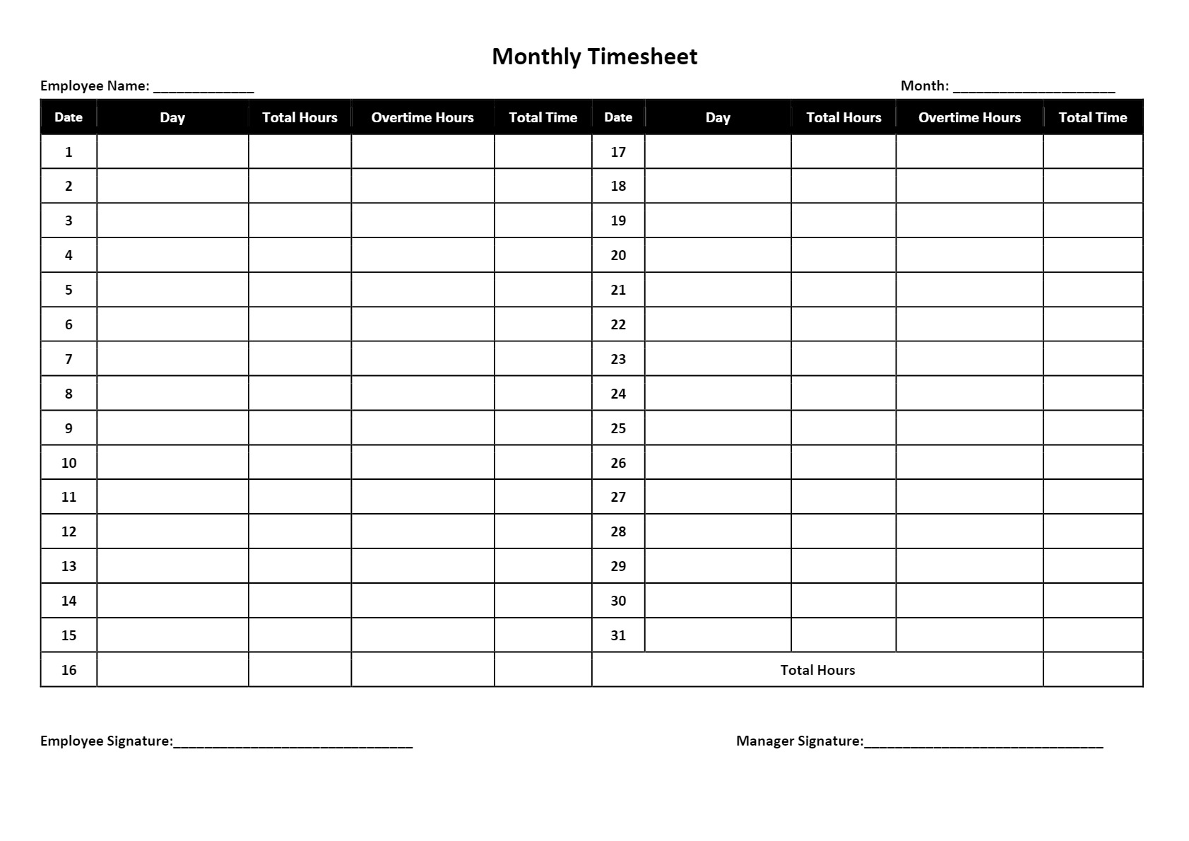 Free Printable Monthly Timesheet Template