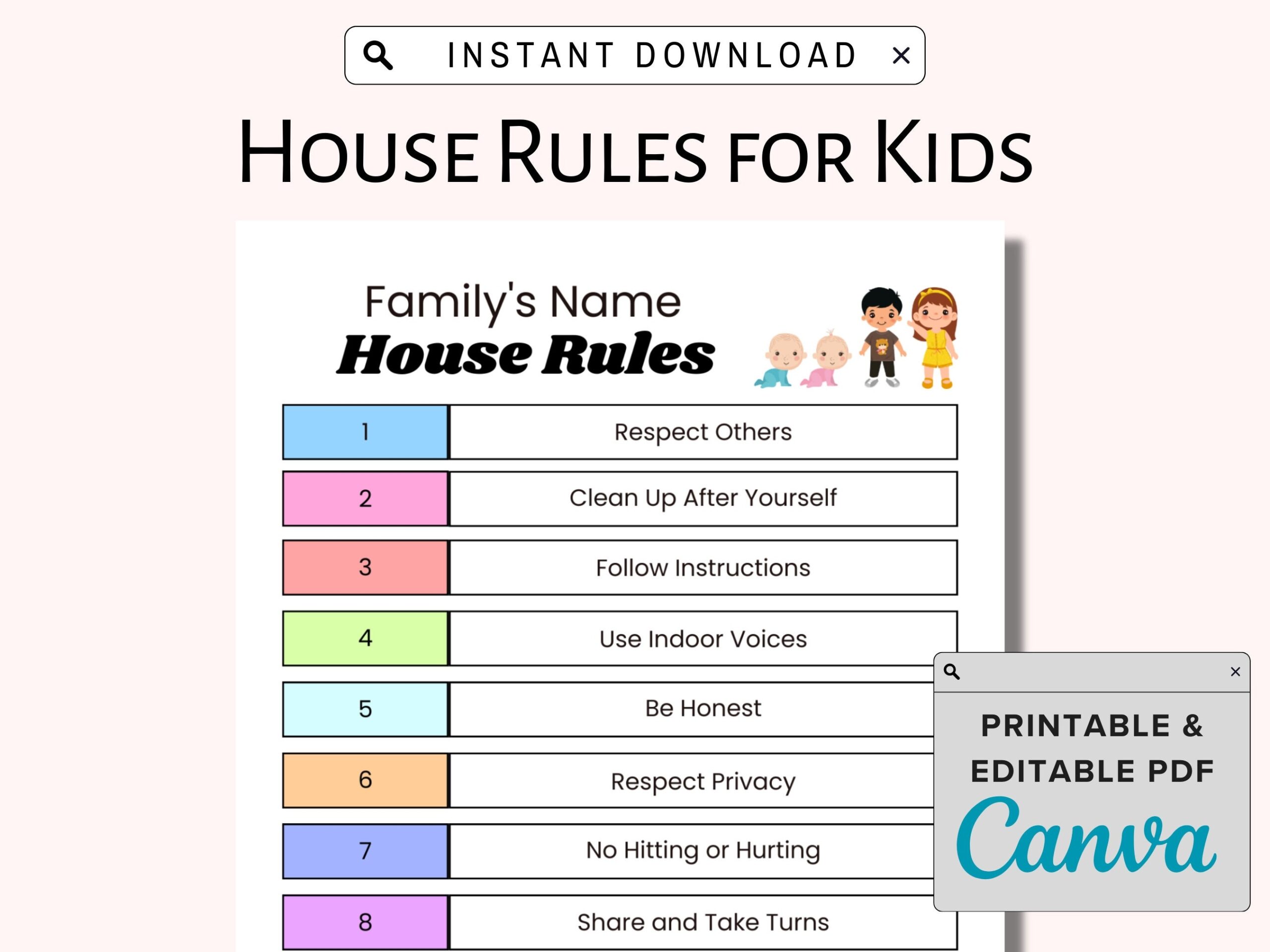 House Rules For Kids Printable Family House Rules Family Rules Home Values Short Kids Rules Home Rules Alone Rules behavior Rules PDF Etsy