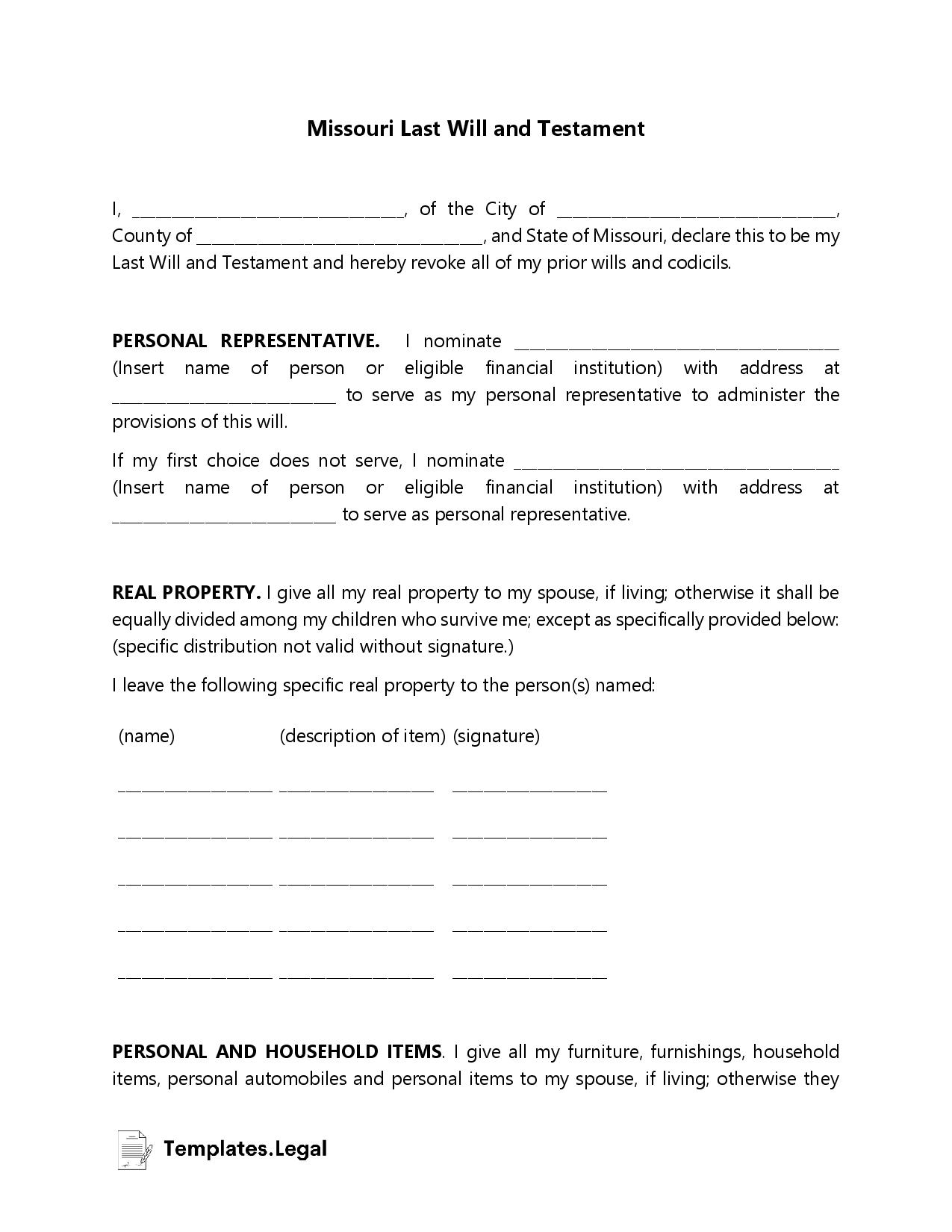 Free Printable Missouri Will