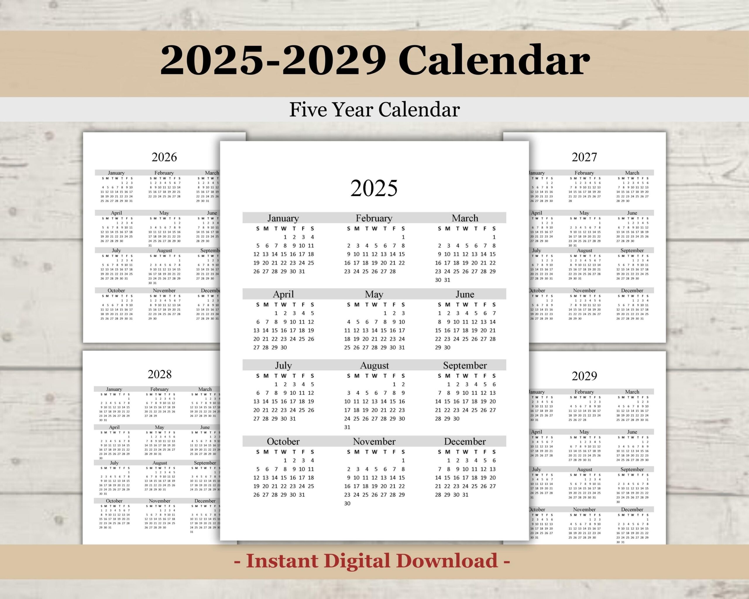 Printable 2025 2029 5 Year Calendar 2025 Printable Calendar 2026 2027 2028 2029 Calendar Printable Five Year Planner Etsy