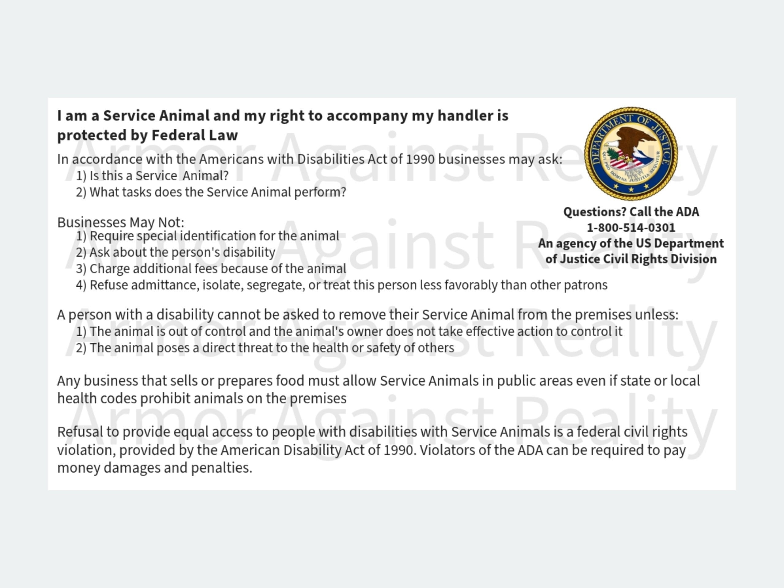 Printable ADA Service Dog Rights Information Card Etsy