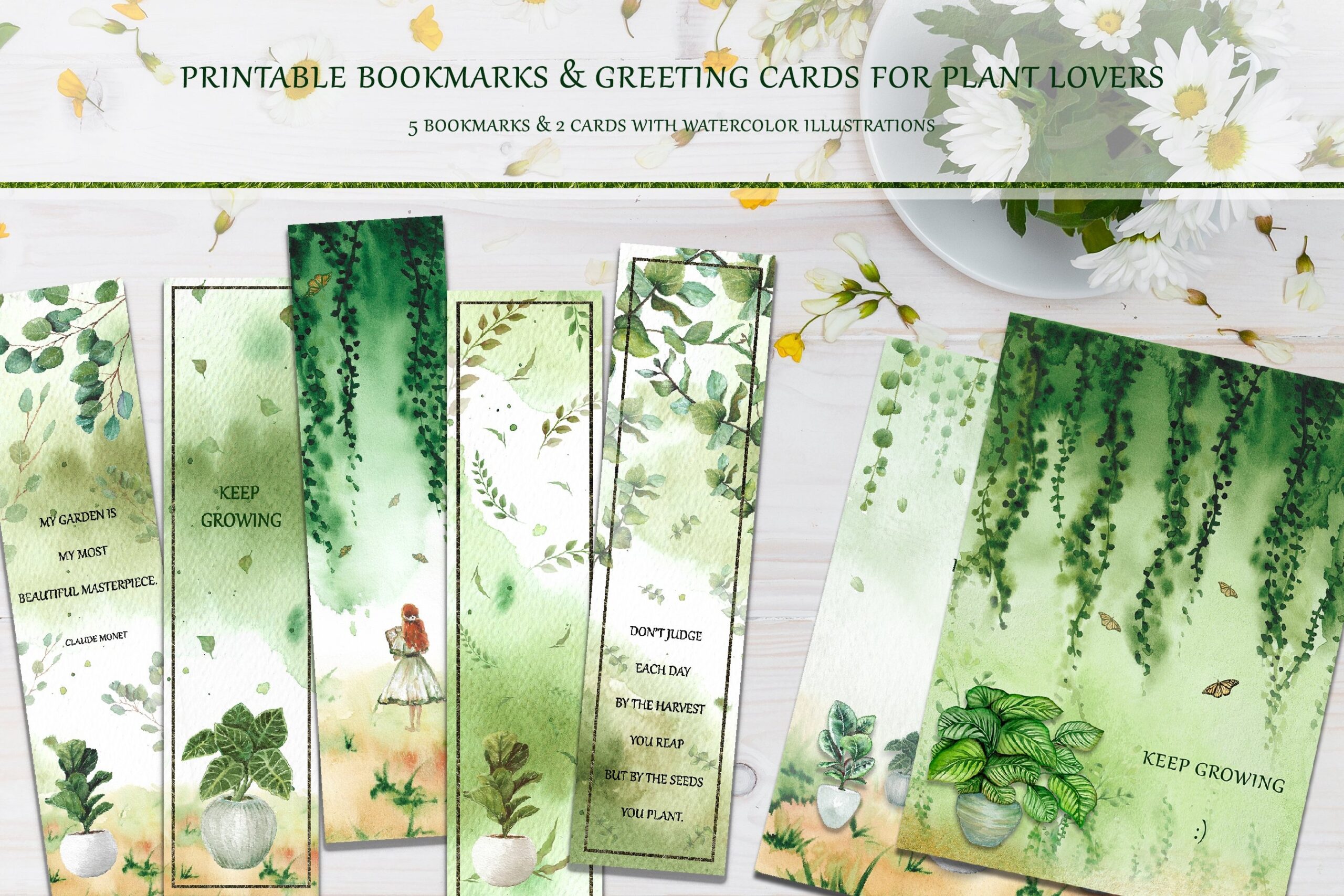 Printable Bookmarks And Cards With Watercolor Plants