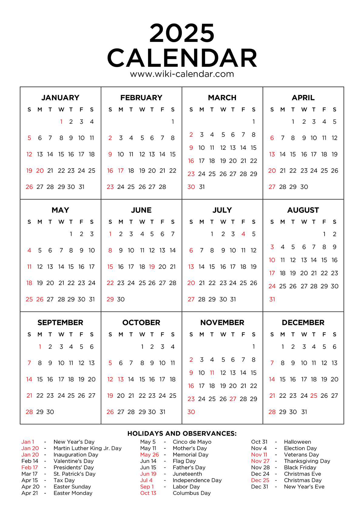 2025 Holiday Calendar Usa Printable